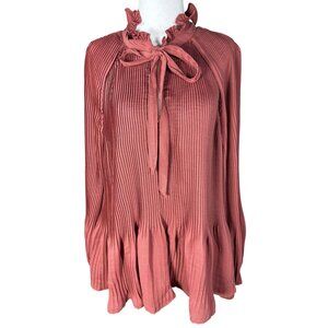 NWOT Treasure & Bond Womens Blouse Size XL Red Rust Pleated Ruffle Neck Tie